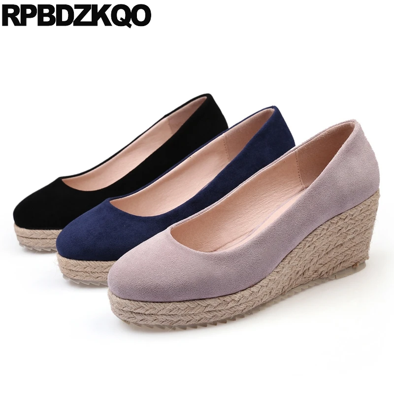 Женские замшевые туфли на танкетке синие туфли-лодочки высоком каблуке с круглым