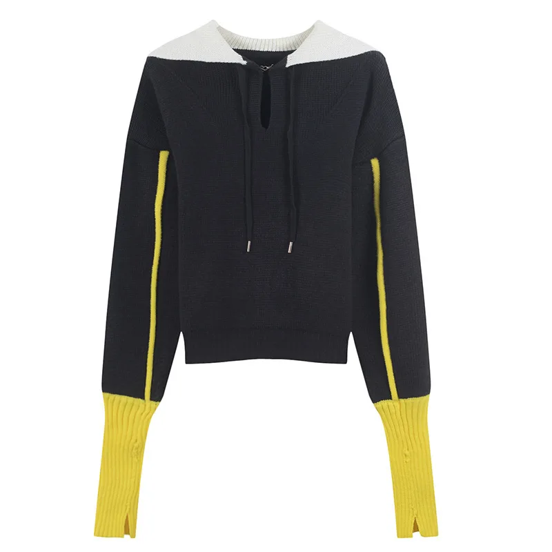 DEAT новинка 2020 весенний цветной вязаный свитер с круглым вырезом на шнуровке