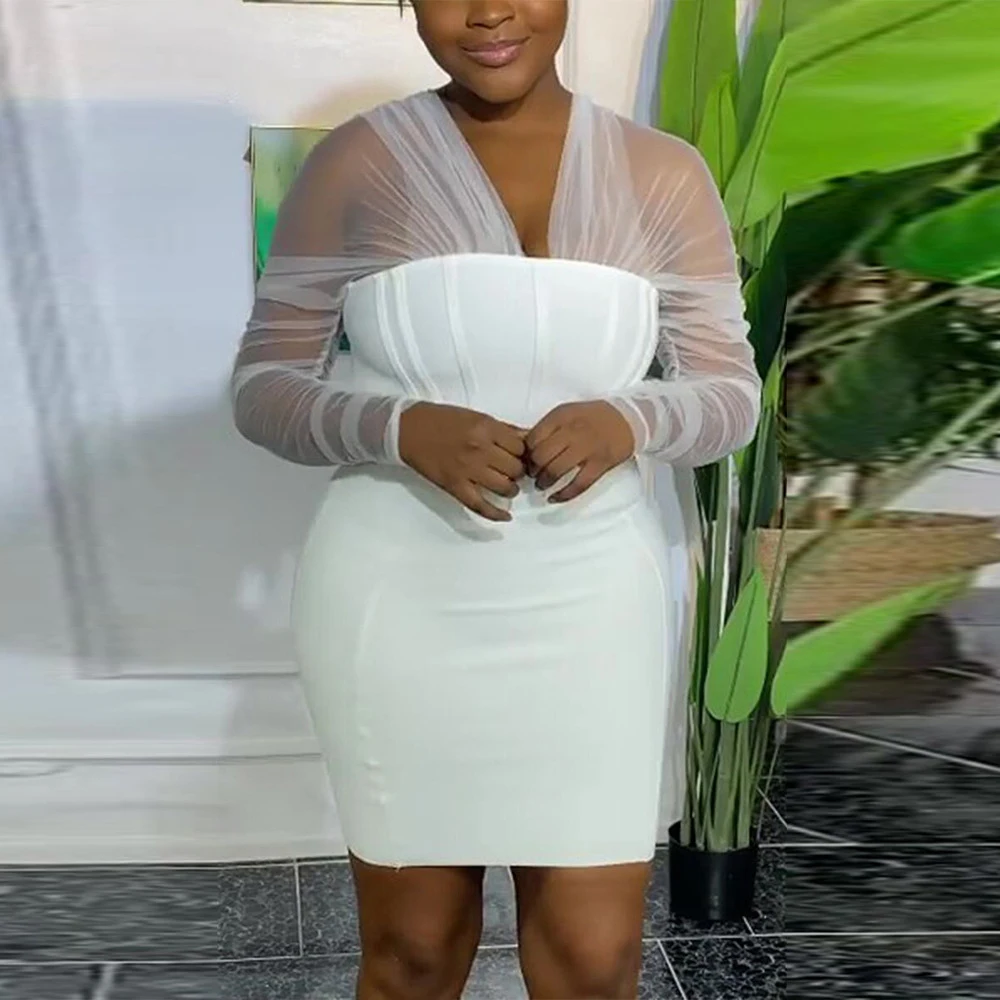 

Dress Autumn 2021 Fashion New Womens African Sexy Perspective V-neck Long Sleeve Solid Color Buttocks Casual Simplicity Dress