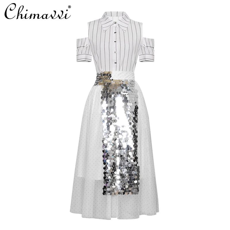 

Fashion Suit Women 2021 Single-Breasted Off-Shoulder Striped Shirt Top+Elastic Waist Sequin Gauze Skirt Temperament 2-Piece Set