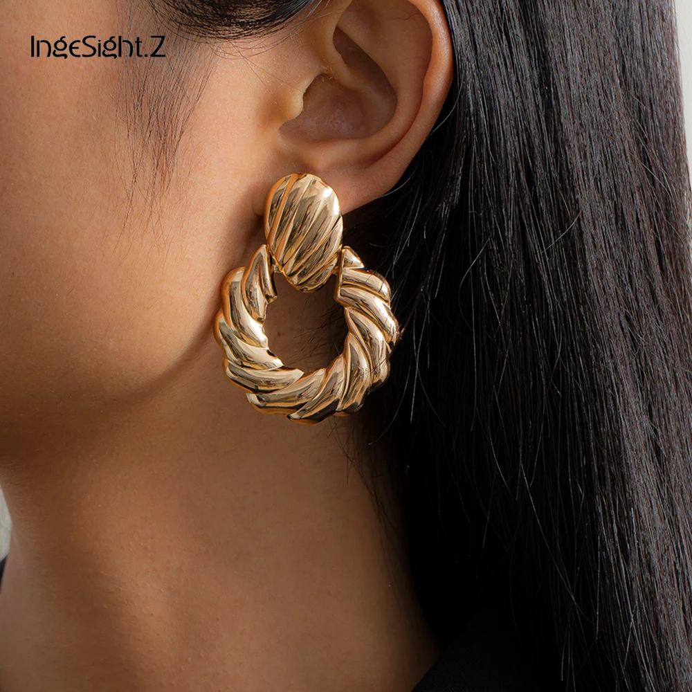 

IngeSight.Z Punk Twisted Metal Drop Dangle Earrings Retro Geometric Round Circle Hanging Earrings for Women Jewelry Accessories