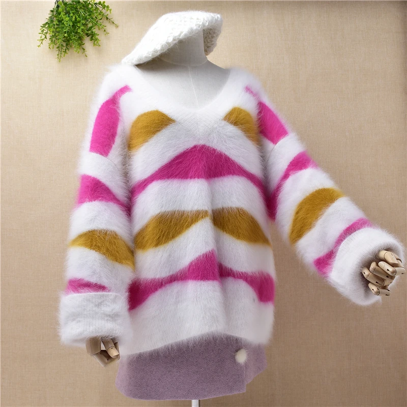 

Top mujer Ladies spring loose oversize V-neck print knitted vintage sweater mink Cashmere soft fluffy fur clothing blouse