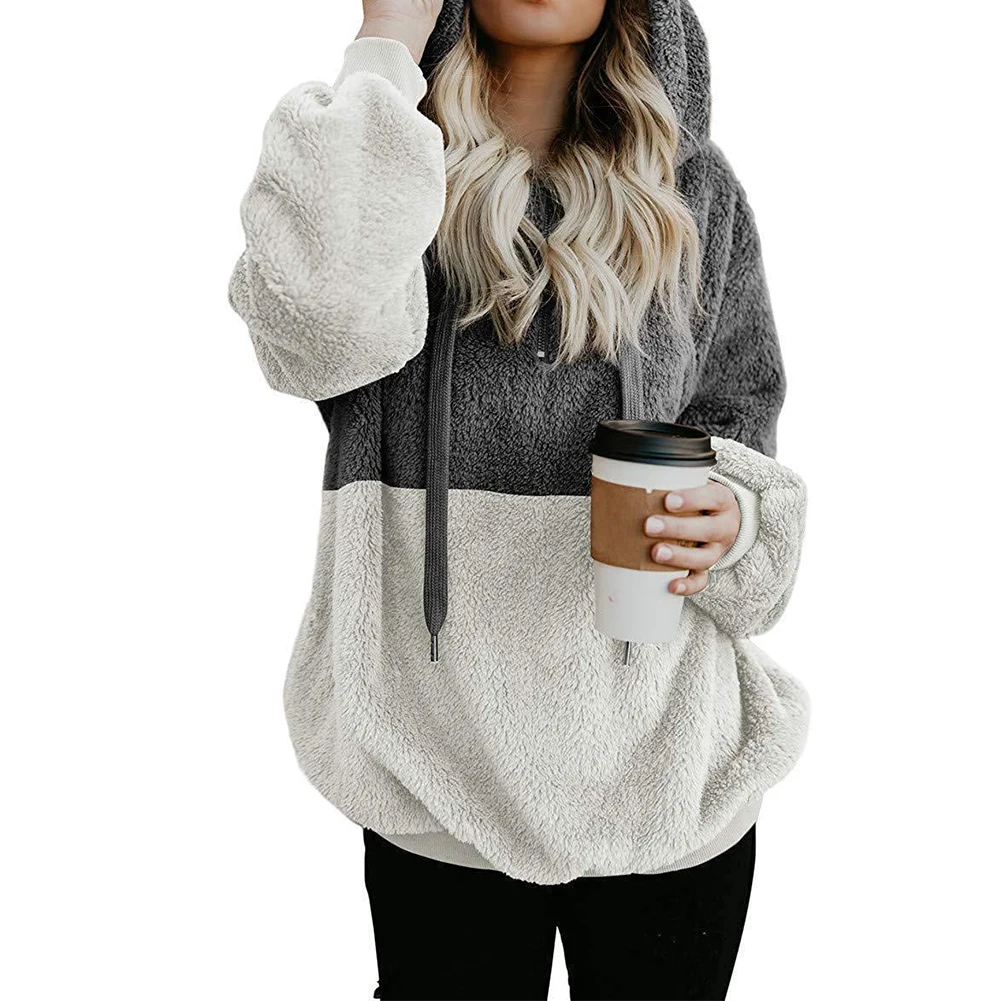 Женские теплые ворсистые толстовки с длинными рукавами на шнурке молнии для