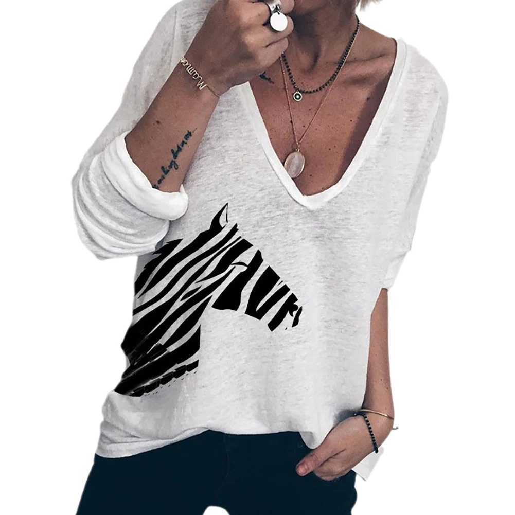 Women Casual Autumn Long Sleeve Zebra Print Loose T-shirt Blouse Top Streetwear | Женская одежда