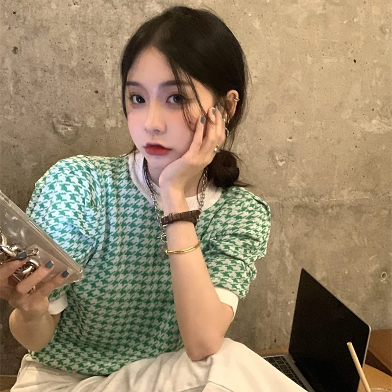 

Houndstooth Plaid Summer T-Shirts Women O-Neck Korean Vintage Shirts Tops Puff Sleeve Harajuku Tops Casual Knitwear Elegant