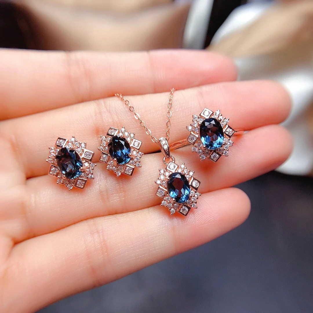 

MeiBaPJ Natural Lodon Blue Topaz Flower Jewelry Set 925 Silver Ring Earrings Pendant Necklace Fine Wedding Jewelry for Women