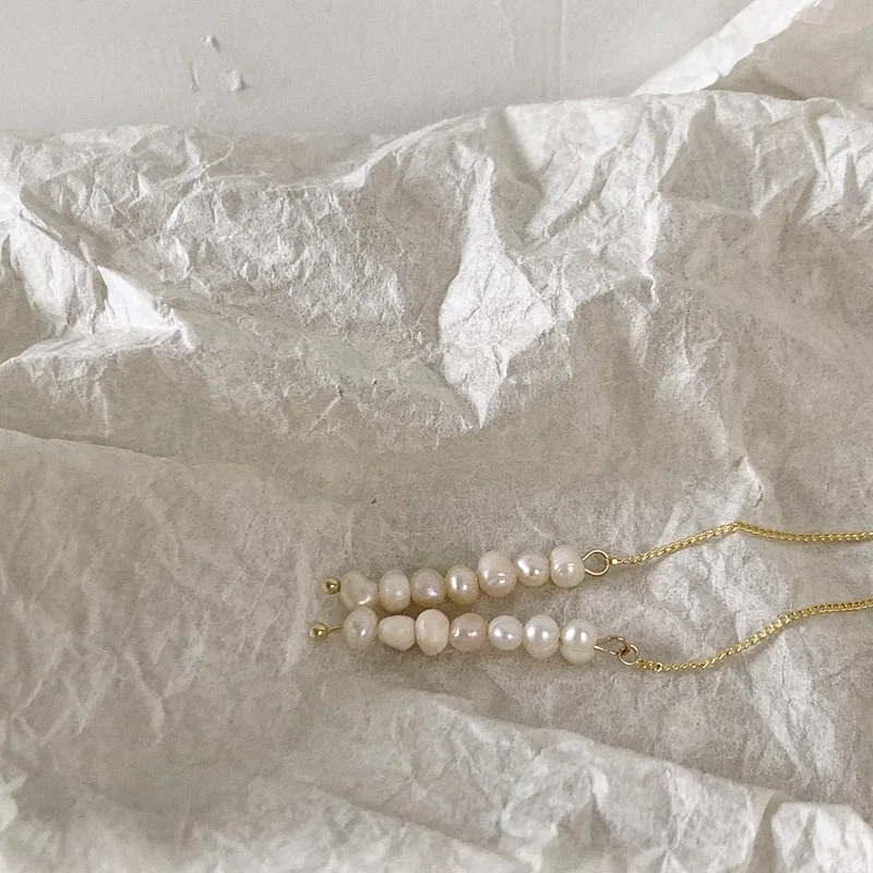 

Korean retro elegant Hand-beaded natural baroque pearl long drop earrings for woman golden chains Aesthetic Jewelry party gift