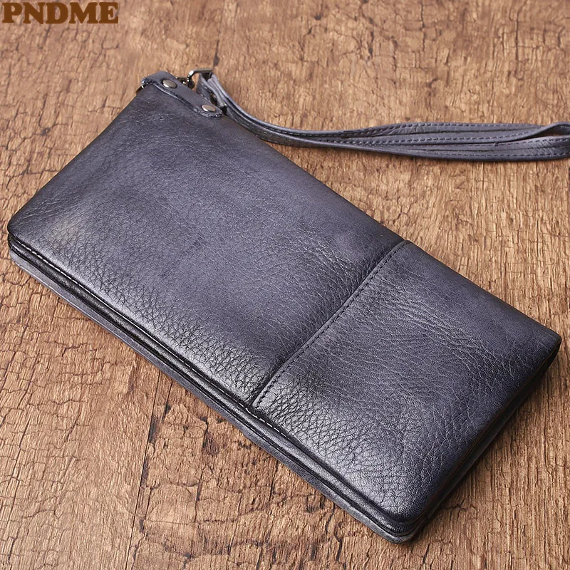 

PNDME natural genuine leather women's long wallet fashion vintage real cowhide multi-card card holder men's phone coin purse