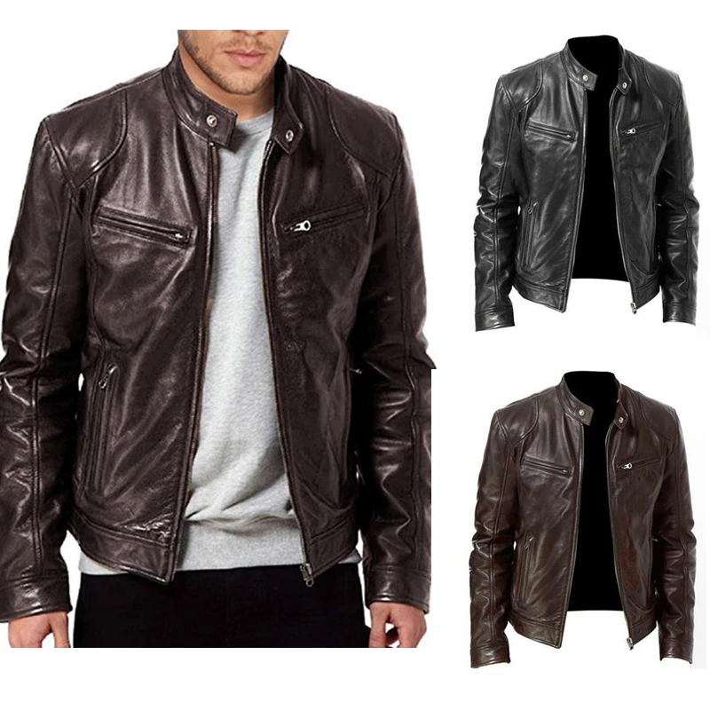 

2023 Autumn New Men's Casual Fashion Stand Collar Slim PU Leather Jacket Solid Color Leather Jacket Men Anti-wind Motorcycle