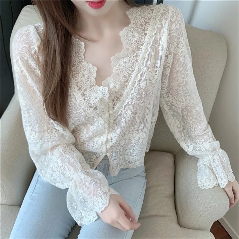 

Limiguyue повседневные кружевные ажурные рубашки с V-образным вырезом осенние женские укороченные топы однобортный Кардиган с длинным рукавом ...
