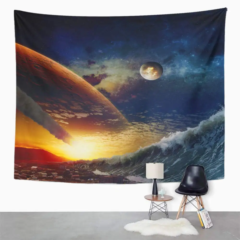 Wall Hanging Apocalyptic Dramatic Giant Tsunami Waves Crashing Small Coastal Town Asteroid 50&quotx 60&quot Tapestry Home Decor Art