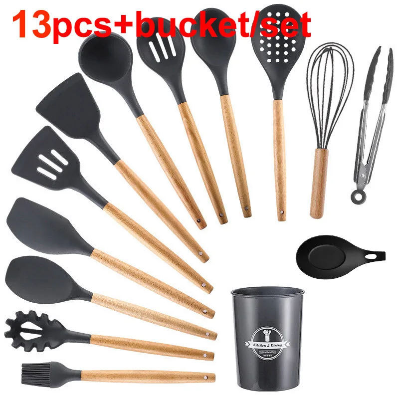 Антипригарная силиконовая кухонная утварь без BPA Нетоксичная деревянная посуда