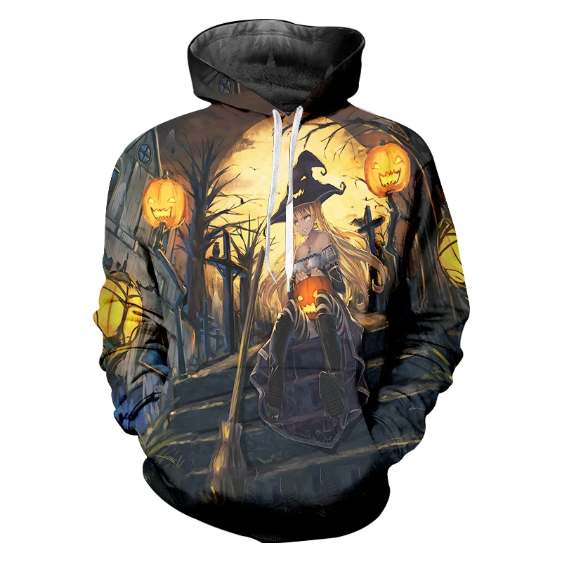 UJWI Halloween 3D Printed Doll Anime Flame Pumpkin New Man Hoodies Personality Loose Men's Pullover | Мужская одежда