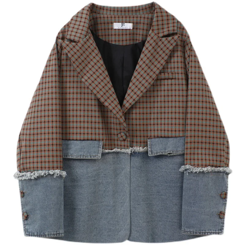 

4XL Denim Stitching Lattice Mid-Length Women Jacket Spring Autumn 2021 Loose Plus Size Korean Style Fashion Female Tops Z071
