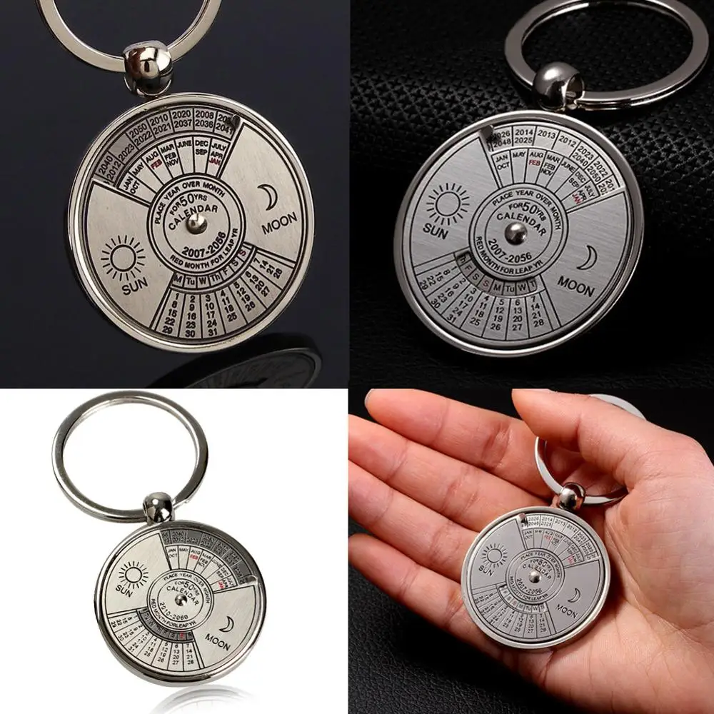

Creative Mini Commemorative Perpetual Calendar Keychain Ring Unique Metal Keyring 50 Years Sun Moon Carving Gift 2010 to 2060