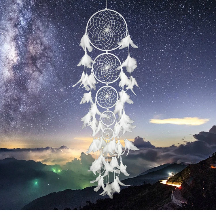 

Newly Big Dream catcher Wind Chime White Feather Dream Catcher Car Hanging Decoration 5 Circular Home Decor Gift