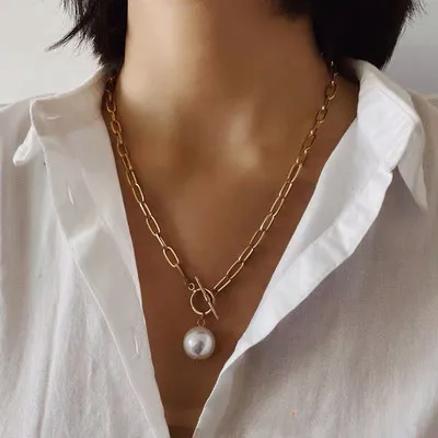 hot sale new simple queen coin pearl pendant necklace geometric alloy clavicle chain brand long necklace for women girl gift free global shipping