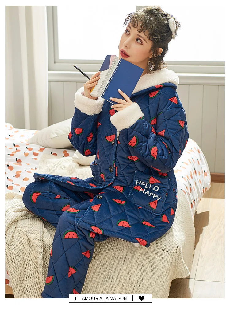 Fdfklak толстый теплый женский зимний пижамный комплект трехслойная стеганая