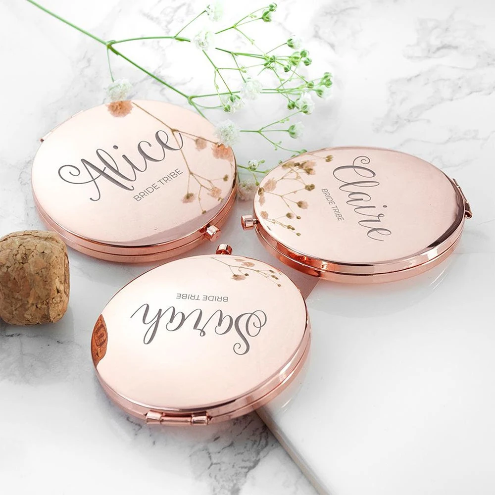 Compact Makeup Personalized Mirror Cosmetic Round Rose Gold Pocket Make Up Mirror for Bridesmaid Wedding Guest Gifts