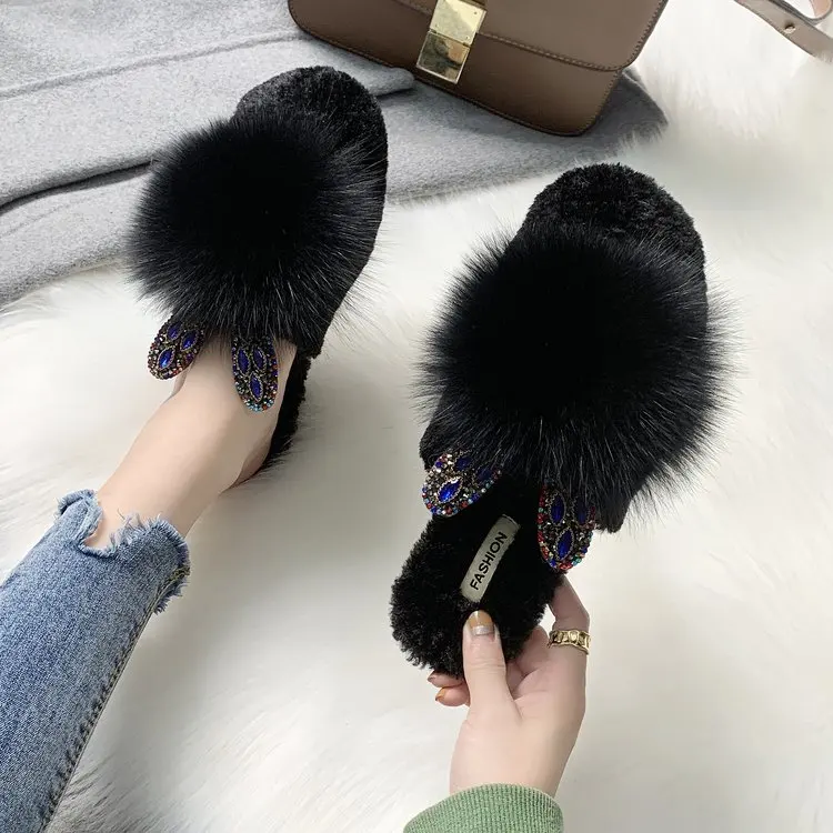 Women Home Slippers Winter Warm Shoes Woman Slip on Flats Slides Female Faux Fur Closed Toe |