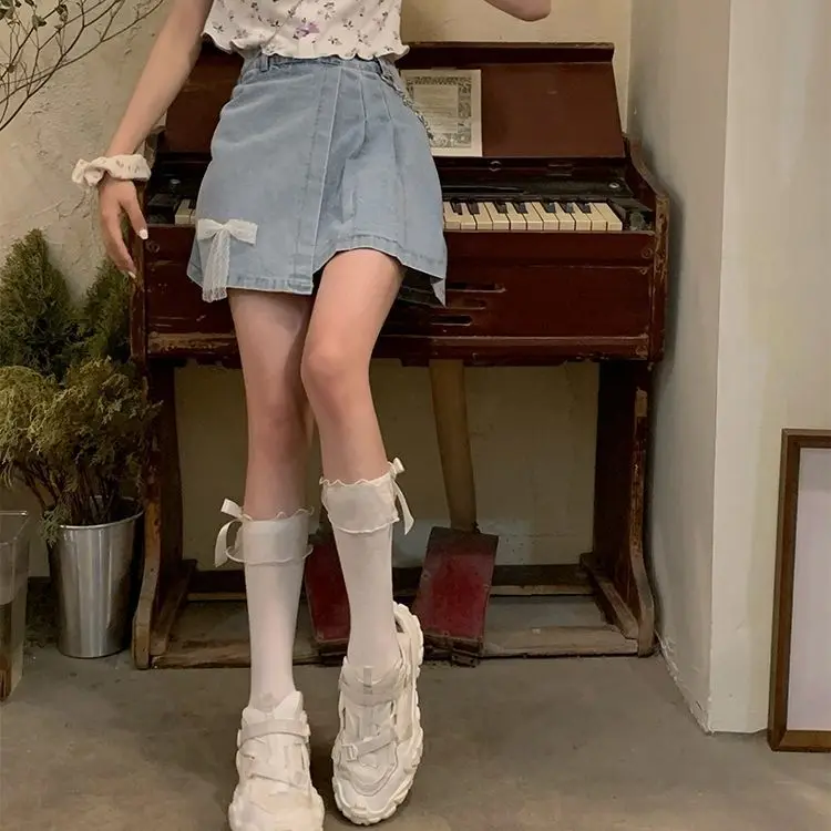 Женская джинсовая юбка летняя Корейская Ретро стиль с бантом высокая талия