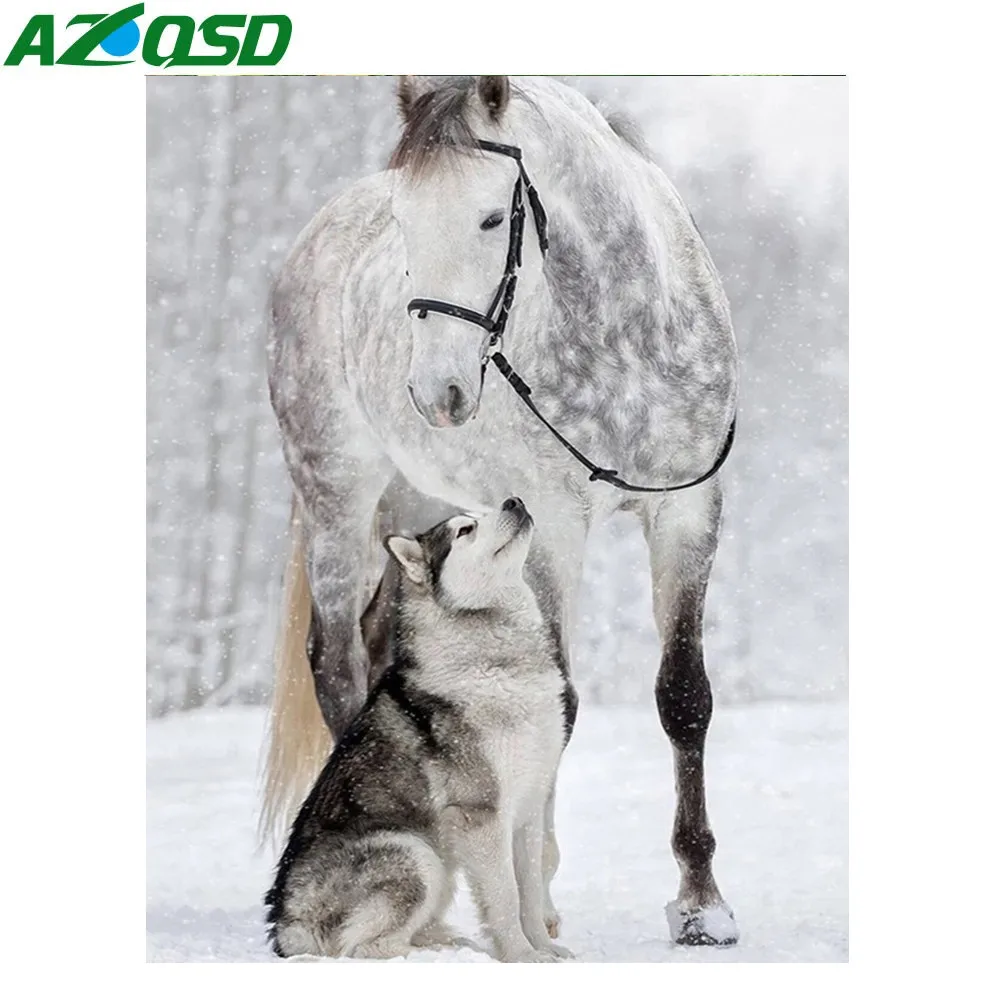 

AZQSD 5D алмазная живопись новые поступления лошадь домашний декор рукоделие Алмазная мозаика Снежная собака наборы для вышивки крестиком под...