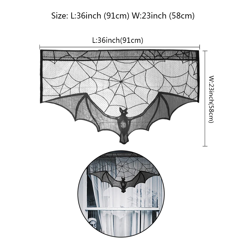 

Halloween Party Black Lace Cobweb Spider Web Bats Fireplace Mantels Scarf Valances Covers for Halloween Door Window Decorations