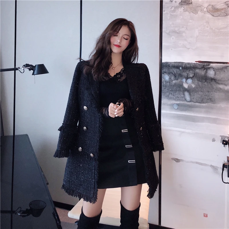 SHTONGHUA 2019 осеннее твидовое пальто женское двубортное с длинным рукавом и бахромой