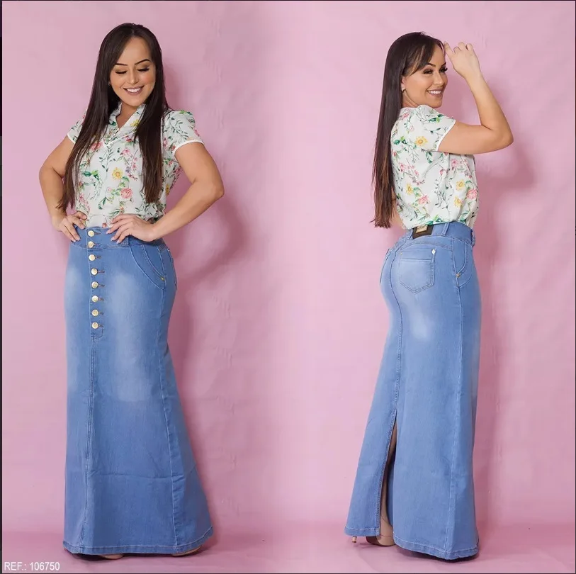 Denim Skirts Women Casual Front Button A-Line  Long Jean Vintage Long Skirt Summer Flare Denim Skirts images - 6