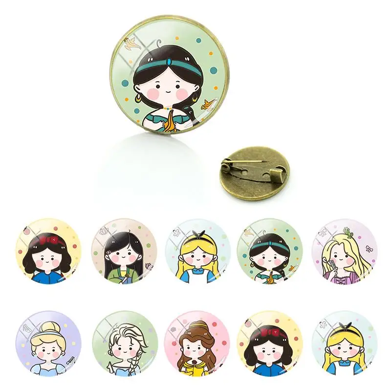 

Disney Beautiful Cute Princess Hand Painted Image Brooch Pins Round Glass Badge Cabochon Dome Vintage Jewelry New Fashion FWN369