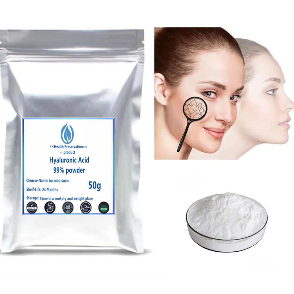 

Hot Sale Hyaluronic Acid powder low Molecular Weight 100g Food Grade and Serum For Acne cosmetic Grade Mask Skin Care HA