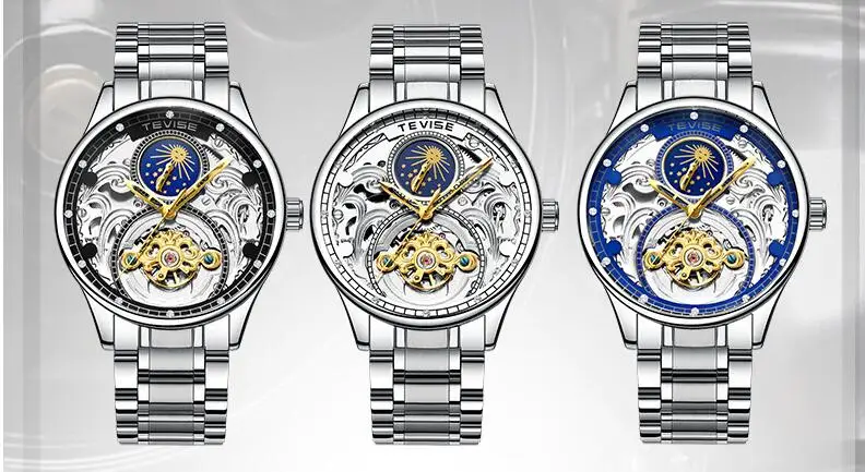 TEVISE часы Moon phase полые tourbillon автоматические механические наручные часы из нержавеющей стали мужские часы браслет часы