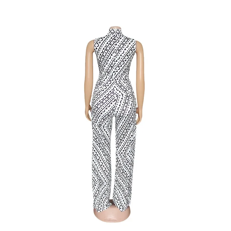 2021 Summer New Long Jumpsuit Sleeveless High Waist Straight Print White Elegant For Work Business Office Lady Fashion Jumpsuits
