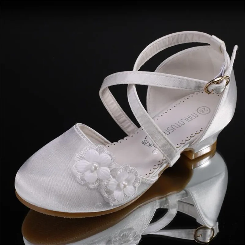 

Autumn Hot Kids Shoes For Girls Princess Leather Dance Party Flower Shoes Shiny Solid Beige Color High-Heeled Fashion Leather