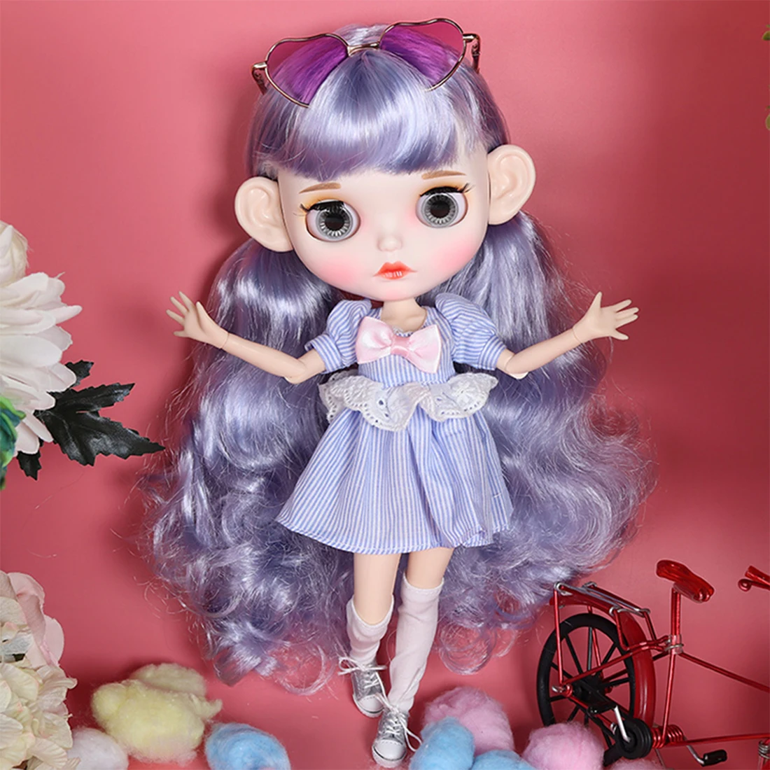 

1/6 19 Joints Blyth Doll Makeup Dolls with Full Clothes Fashion Toy Gift - Smoky Purple Blue Curly Hair Matte Face
