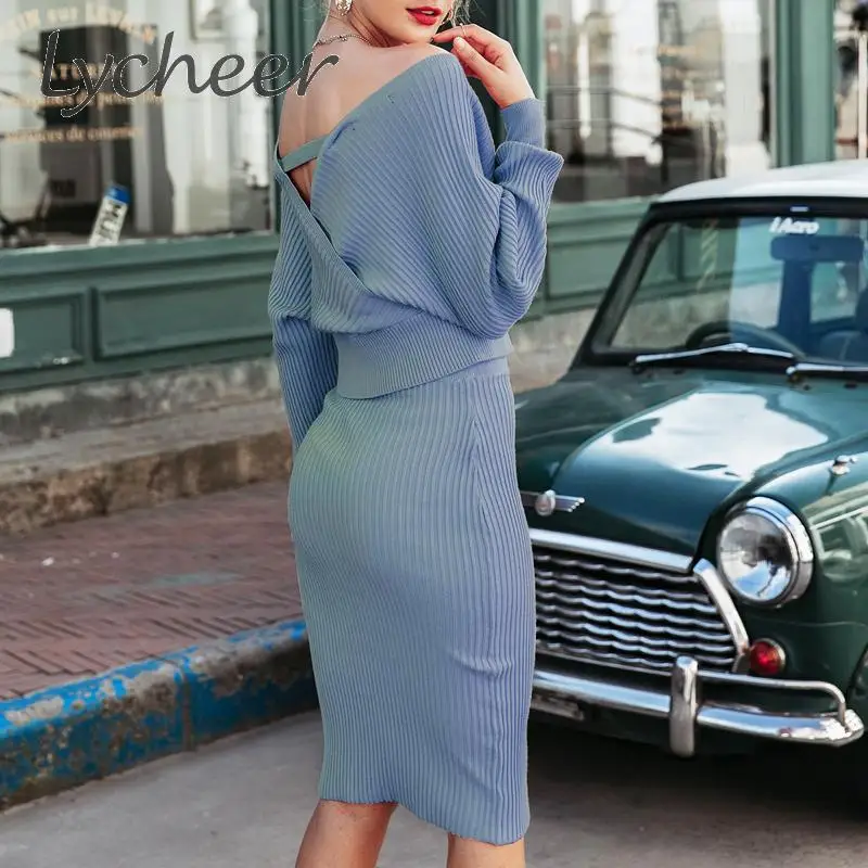 Lycheer Сексуальное Женское вязаное платье с v-образным вырезом осень зима рукав