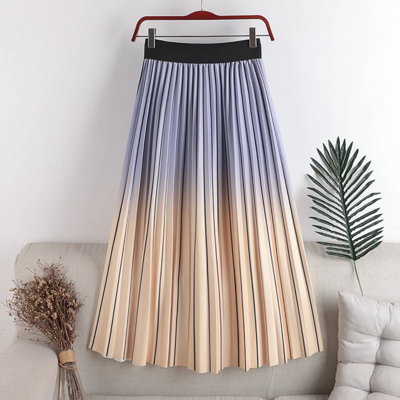 Женская плиссированная Радужная юбка с высокой талией, Повседневная облегающая длинная юбка макси с эластичным поясом и градиентом