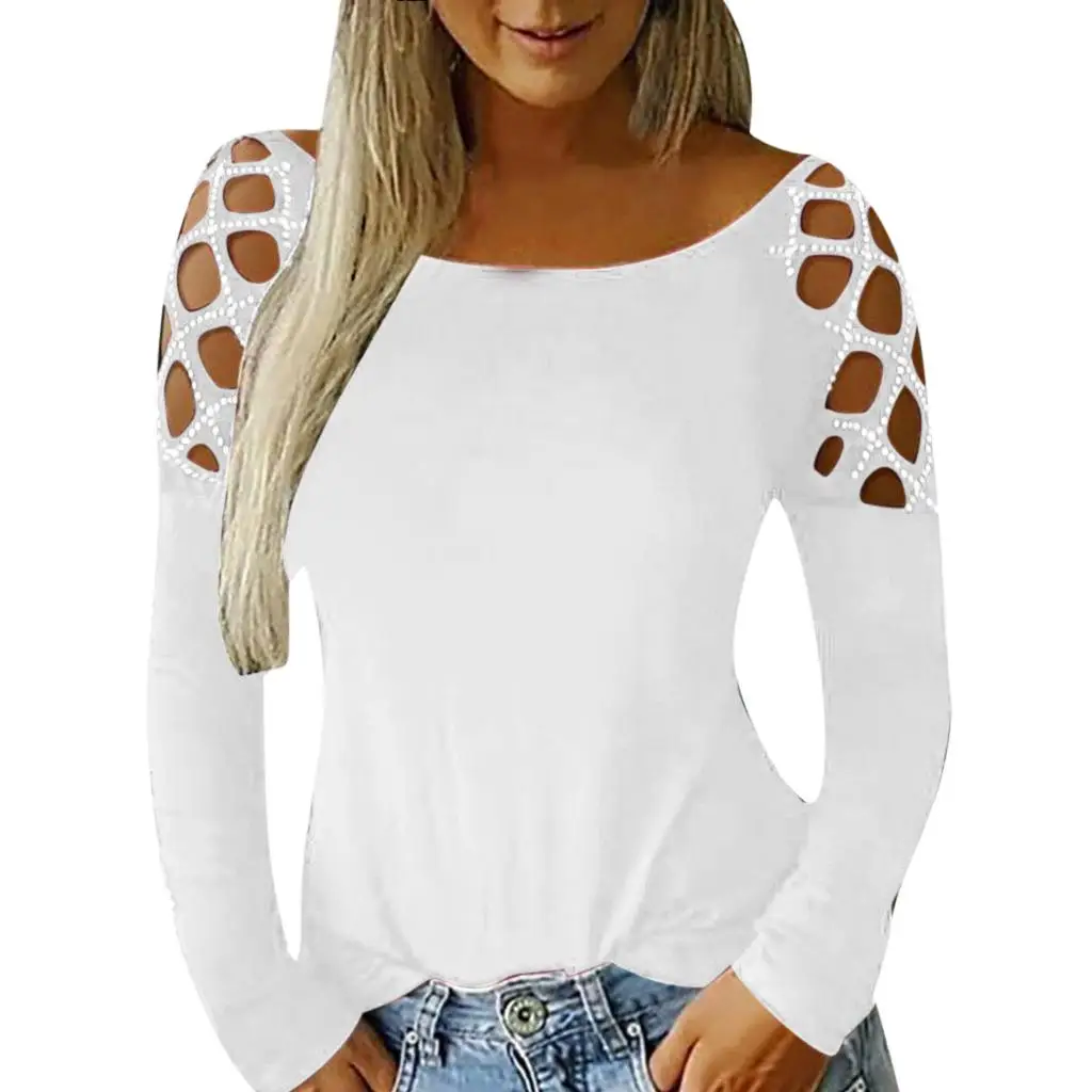 Women Studded Hollow Out Long Sleeve Casual T-Shirt Black Sexy Basic Tops camisetas verano mujer - Цвет: Белый