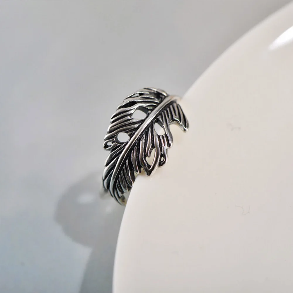 

S925 Sterling Silver Jewelry Simple Feather Leaves Women Vintage Rings Hollow Out Pattern Individuality Fashion Girls Gifts