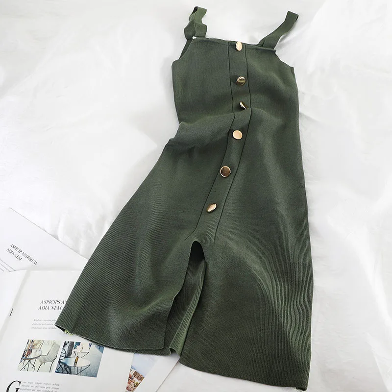 Gaganight Butt Elegant Short Knitted Bodycon Dress Women Spaghetti Strap Summer Dresses Slim Solid Chic Vestidos Korean Split | Женская