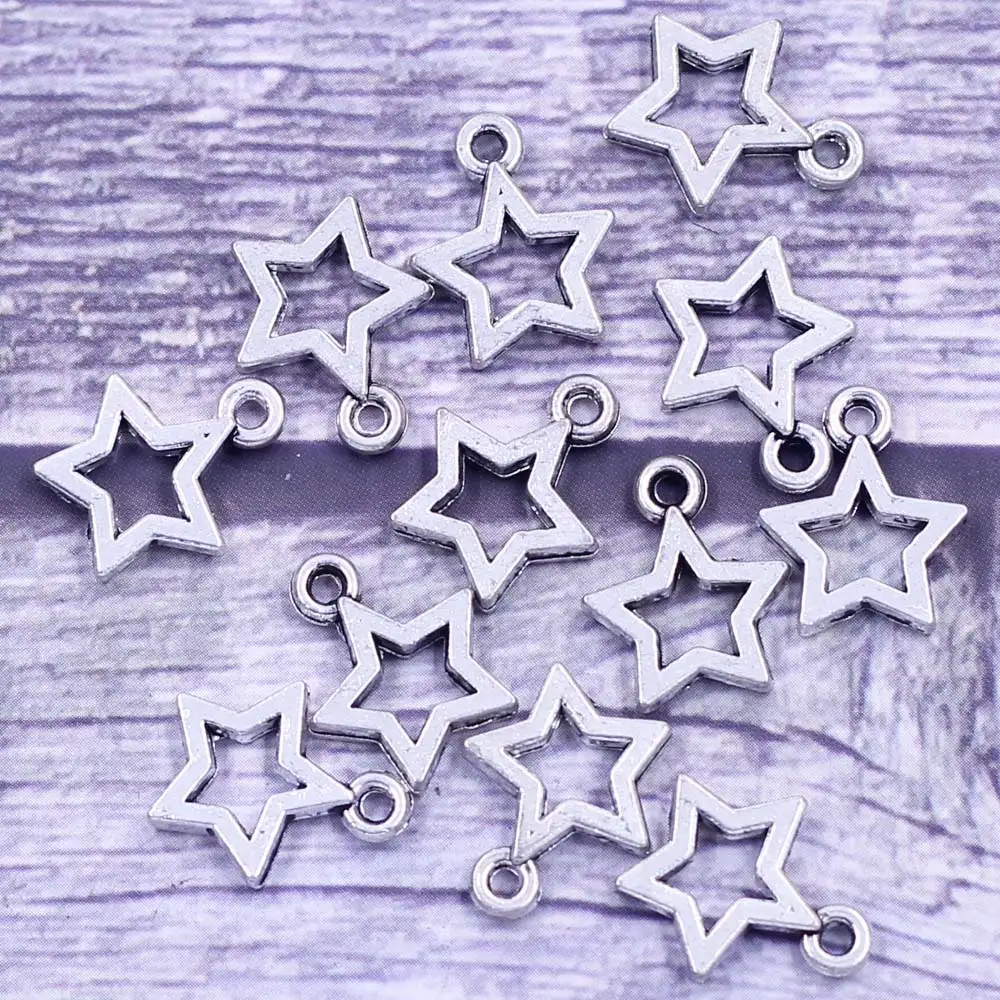 

20Pcs Pendants Star Hollow Metal Silver Tone For Charms Bracelets Fashion Jewelry DIY Findings 14x12mm