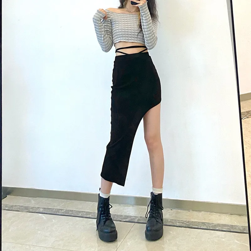 

Корейская модная шикарная Асимметричная юбка с косым вырезом, 2021, пикантная Повседневная бандажная сумка с высокой талией на шнуровке, юбки...