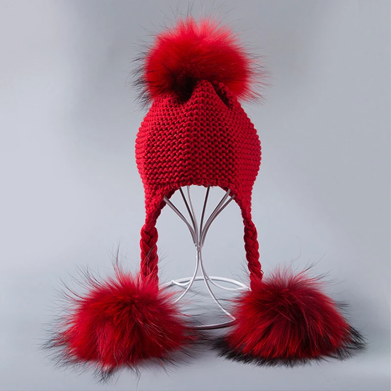 Детская шапка с помпоном из меха енота милая натурального для мальчиков и