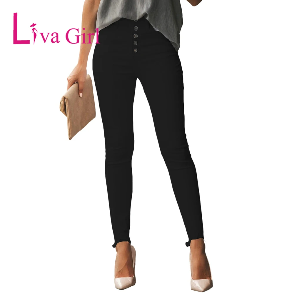 

LIVA GIRL Plain High Waist Buttons Frayed Cropped Woman Skinny Denim Jeans 2021 Female Casual Stretch Pencil Pants Slim Trousers