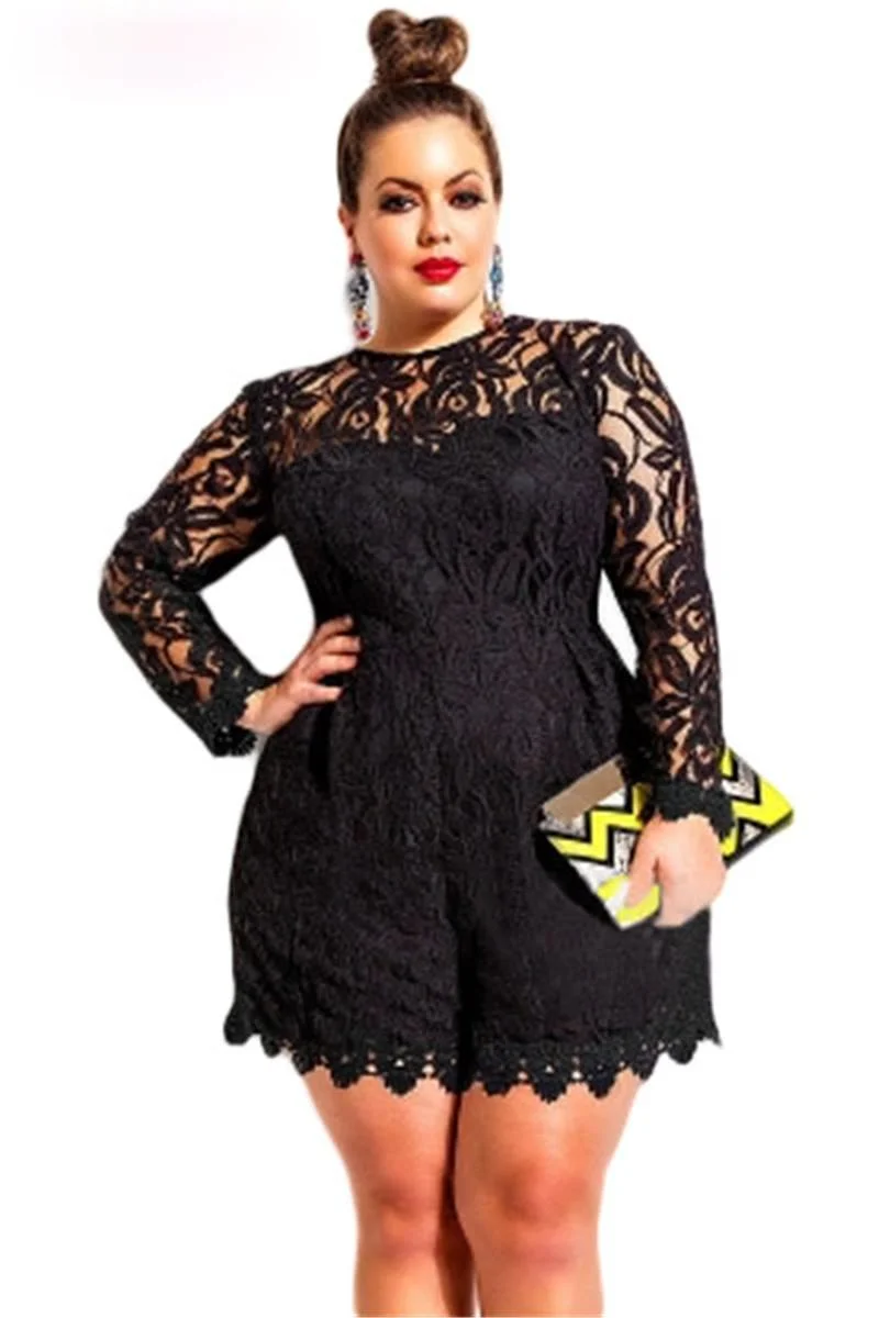 

Plus Size L-5XL Women Lace Romper Solid Hollow Out Long Sleeve Jumpsuits Sexy Shorts Playsuit Ladies Clubwear Bodysuits