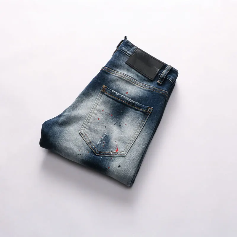 European American Streetwear Fashion Men Jeans Retro Blue Slim Fit Ripped Jeans Men Patches Designer Hip Hop Denim Punk Pants