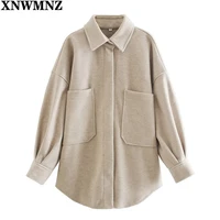xnwmnz 2021 casual camel loose pocket woolen shirt woman fashion ladies sping long sleeve thick blouse coat female long outwear
