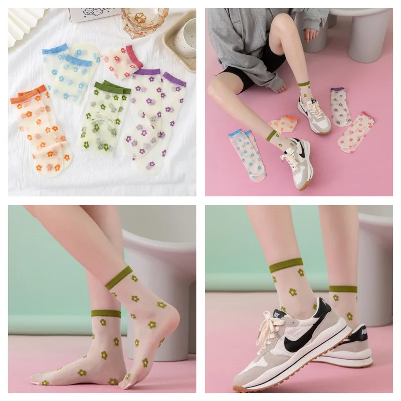 

4 pairs Summer new women's card silk straight tube socks thin type air permeability floral glass silk medium tube women's socks