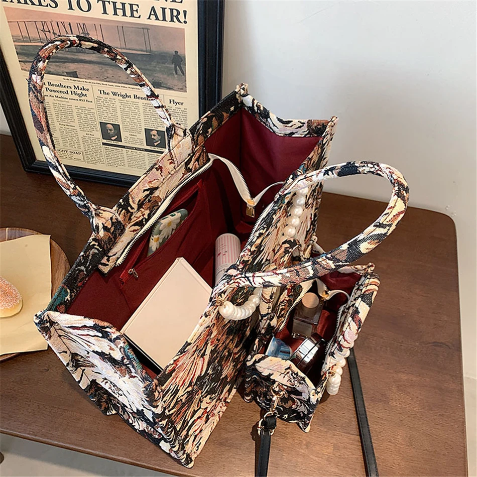 

2 Size Fashion Jacquard Embroidery Women's Hand Bag Large Capacity Canvas Female Shoulder Bag Desigener Ladies Shopper Tote Bags