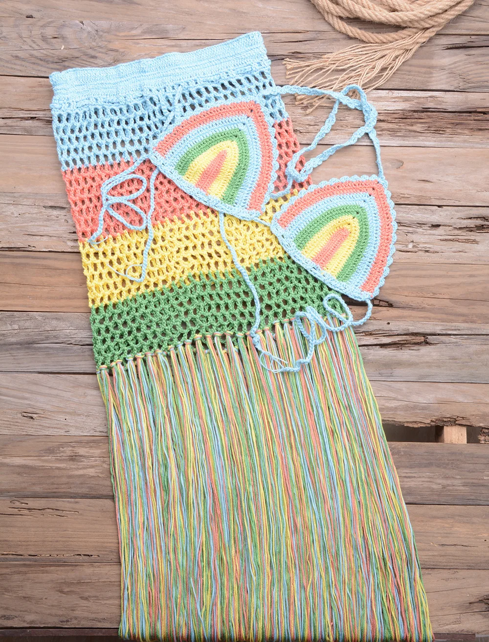 Amazon sports outdoor pure hand woven color sling bikini split suit tassel A-line skirt wholesale